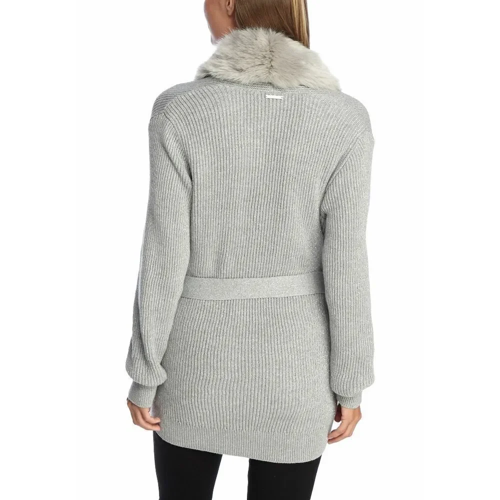 New! MICHAEL KORS Women's Faux-Fur Trim Belted Lurex Cardigan Sweater Size MED